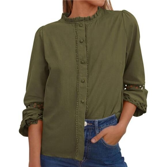 Tops - Women Eyelet Long Sleeve Button Up Shirt Green